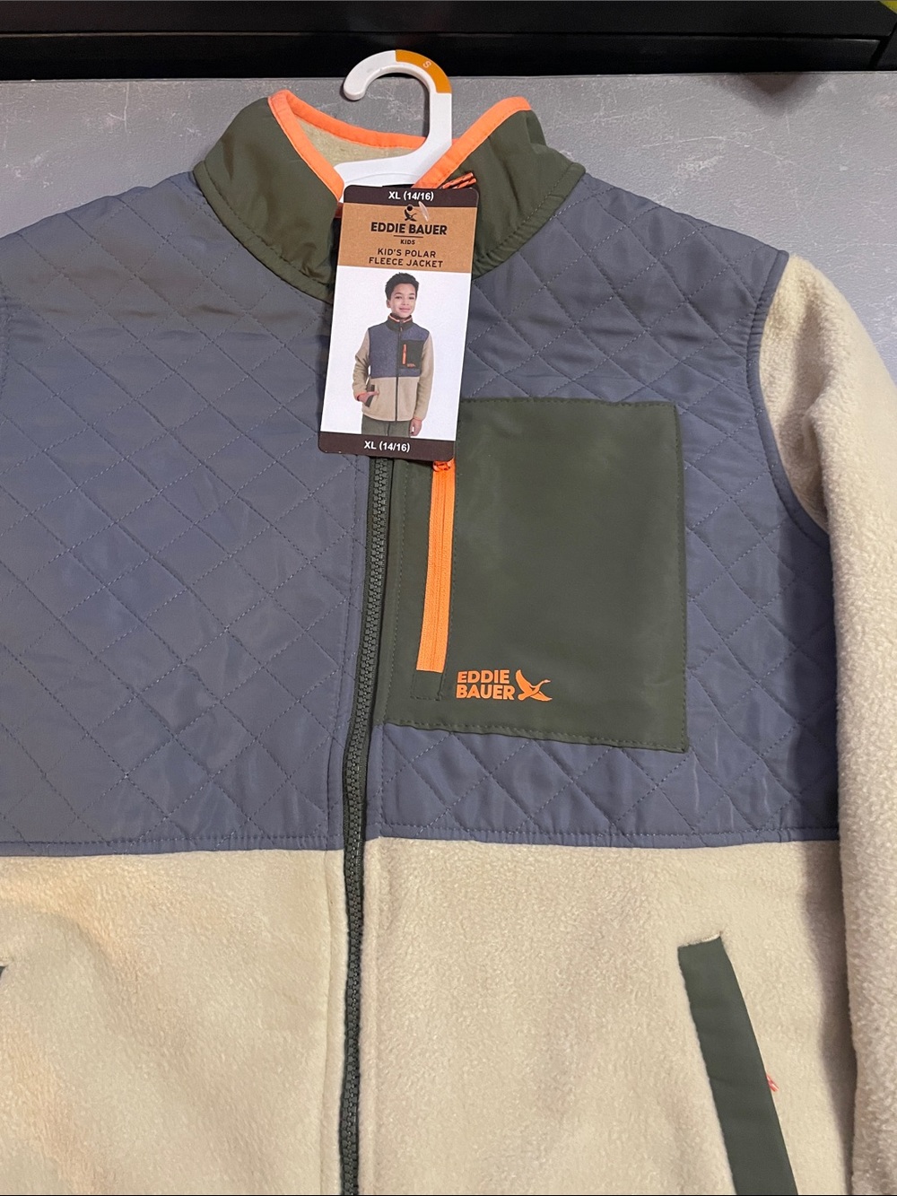 Eddie Bauer Men’s Colorblock Fleece Jacket - Gray/Olive/Beige with Orange Trim